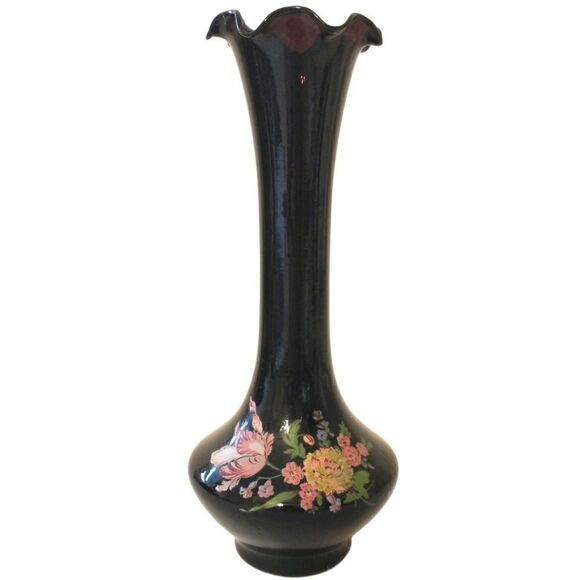 Black Amethyst Vase Glass Bud Transferware Vtg Shiah Yih Ruffled Edge Floral - Picture 5 of 16